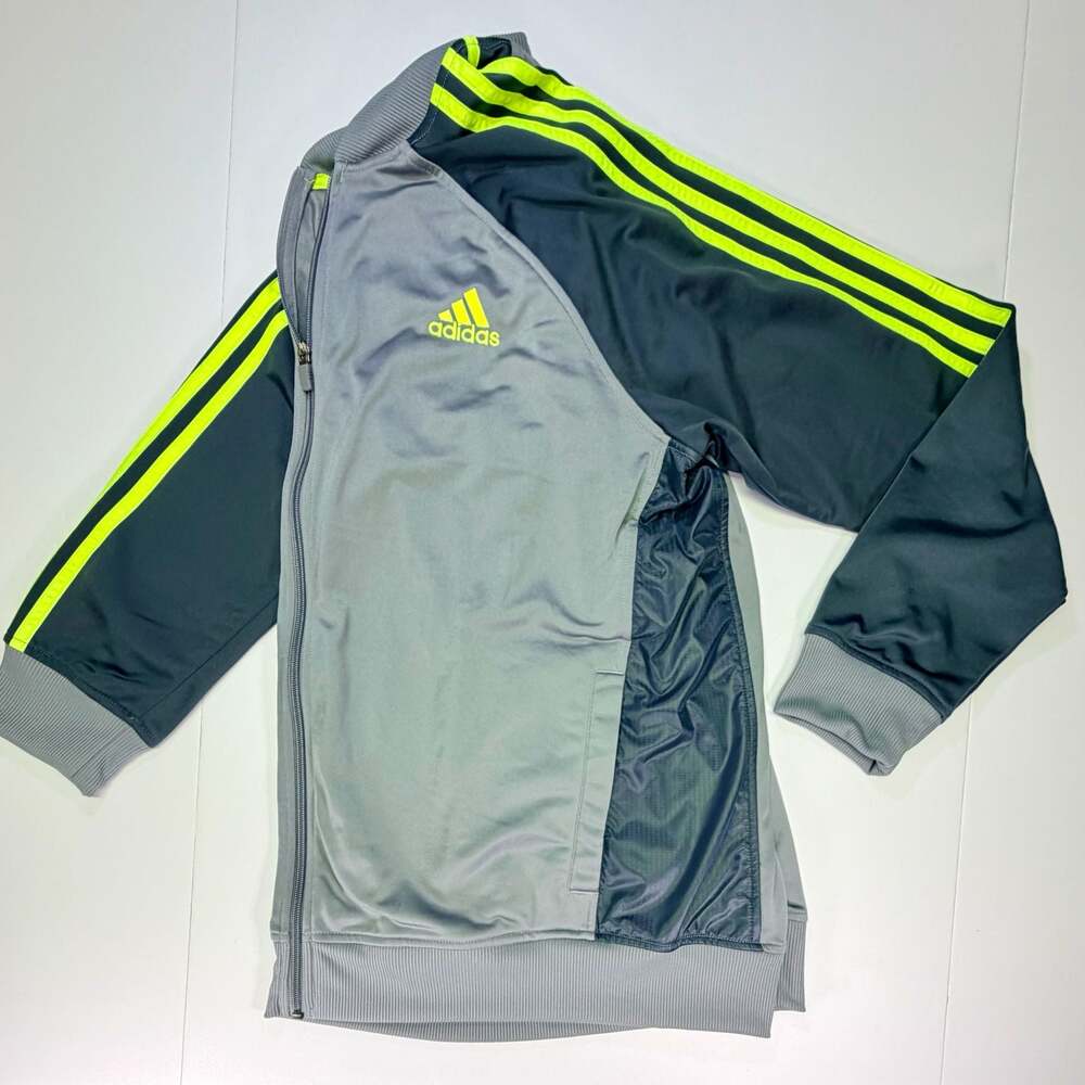 Adidas Athletic Full Zip Track Jacket Gray with Neon Yellow Stripes XL